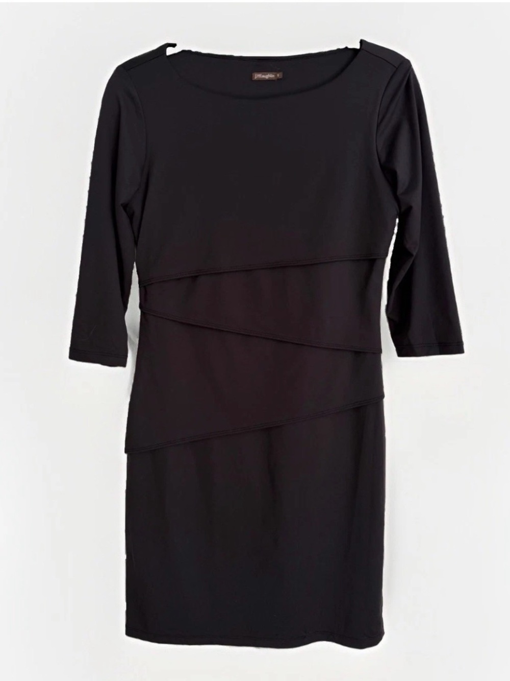 J McLaughlin Dress Black Size S Catalina Cloth 3/4 Sleeve Stretch Tiered Look